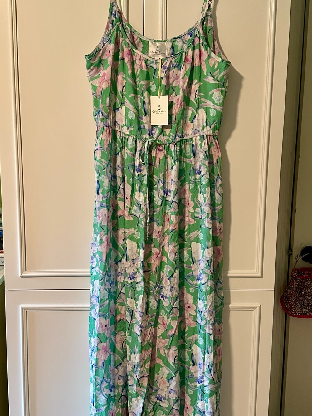 NWT Golden Siren Resortwear Floral Green Maxi Dress with Pink & White Blooms L